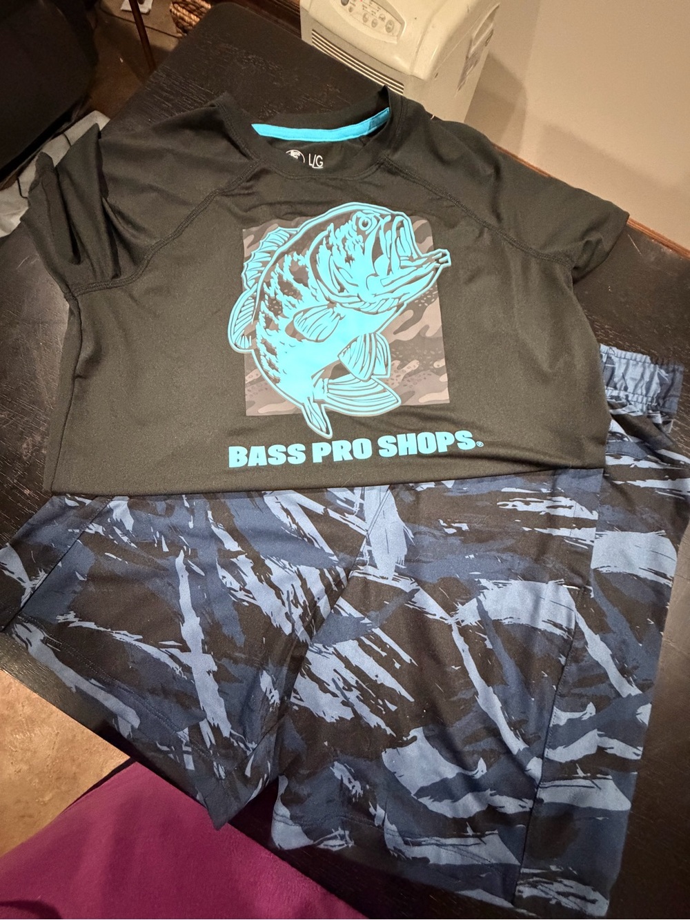 Bass Pro Shops kids Black Top with Turquoise Bass & Blue Camo Shorts